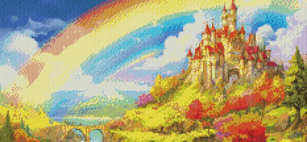 Colorful castle beneath rainbow sky in completed diamond painting mockup.