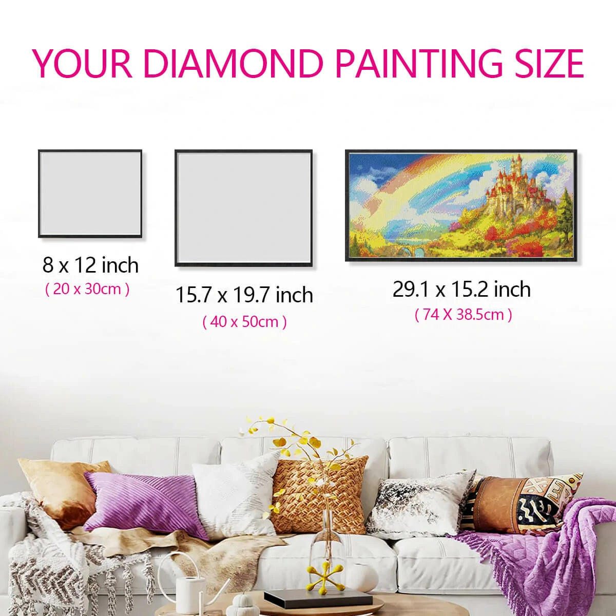 Canvas size reference for Rainbow Castle with measurement guide.