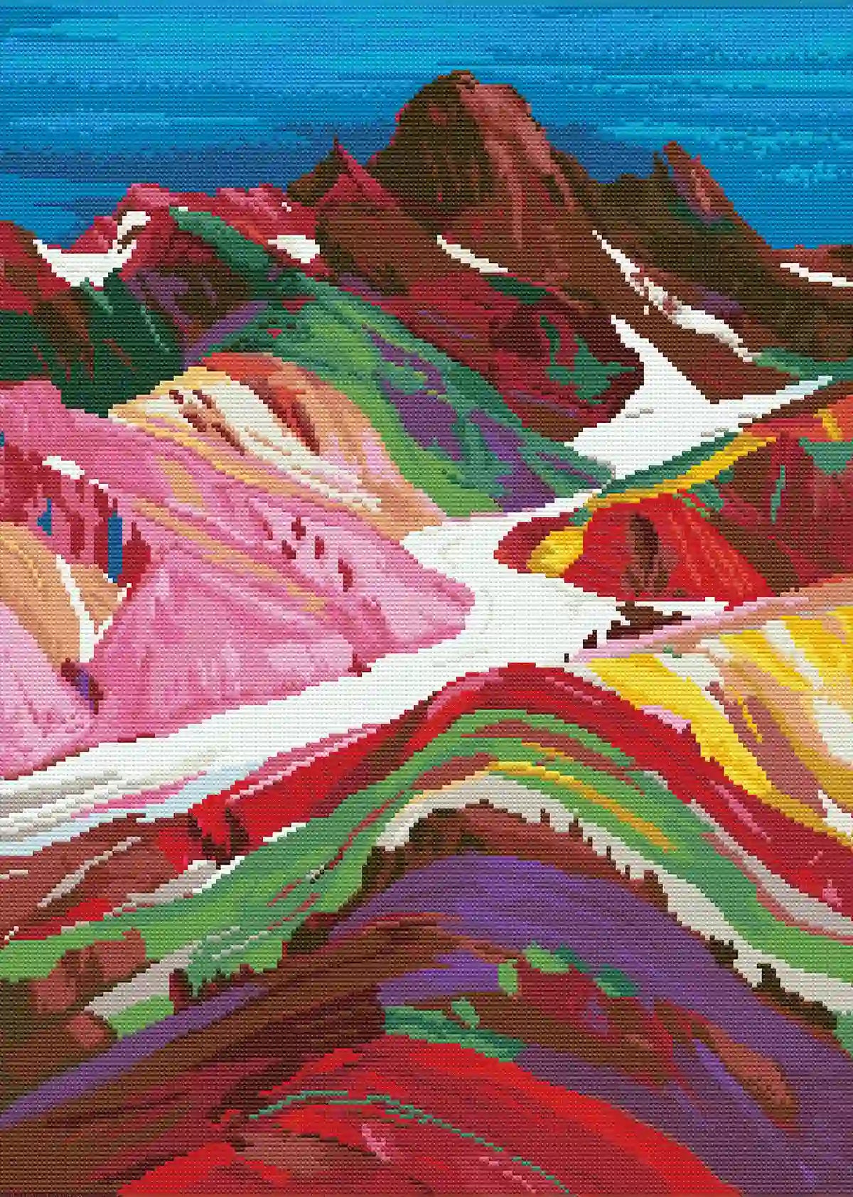 Finished Rainbow Peaks of Peru diamond art showing vivid red, green, and yellow mountain layers with sparkling texture – FEELOOK Art