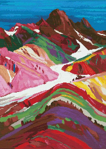 Finished Rainbow Peaks of Peru diamond art showing vivid red, green, and yellow mountain layers with sparkling texture – FEELOOK Art