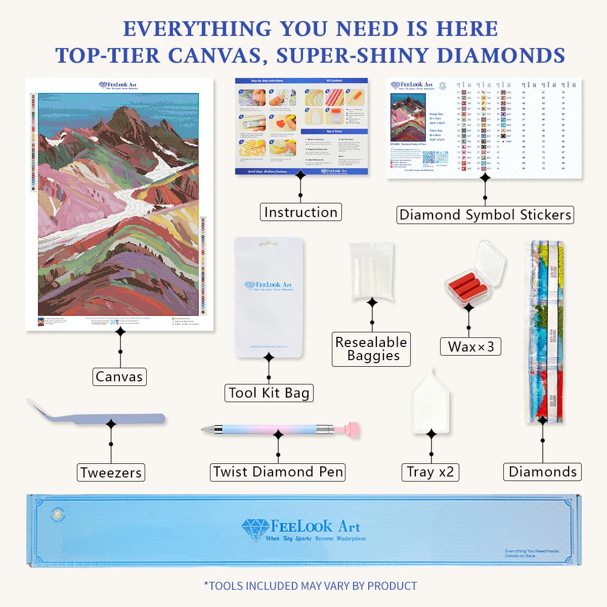 Diamond painting kit contents for Rainbow Peaks of Peru including applicator pen, tray, wax, and bright resin drills – FEELOOK Art