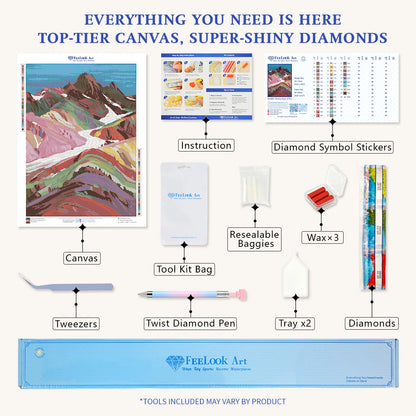 Diamond painting kit contents for Rainbow Peaks of Peru including applicator pen, tray, wax, and bright resin drills – FEELOOK Art