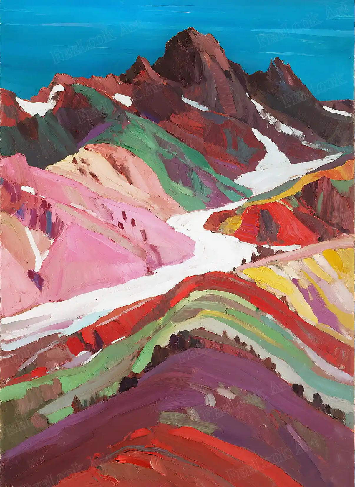 Rainbow Peaks of Peru diamond painting featuring colorful layered mountains under a bright blue sky – FEELOOK Art