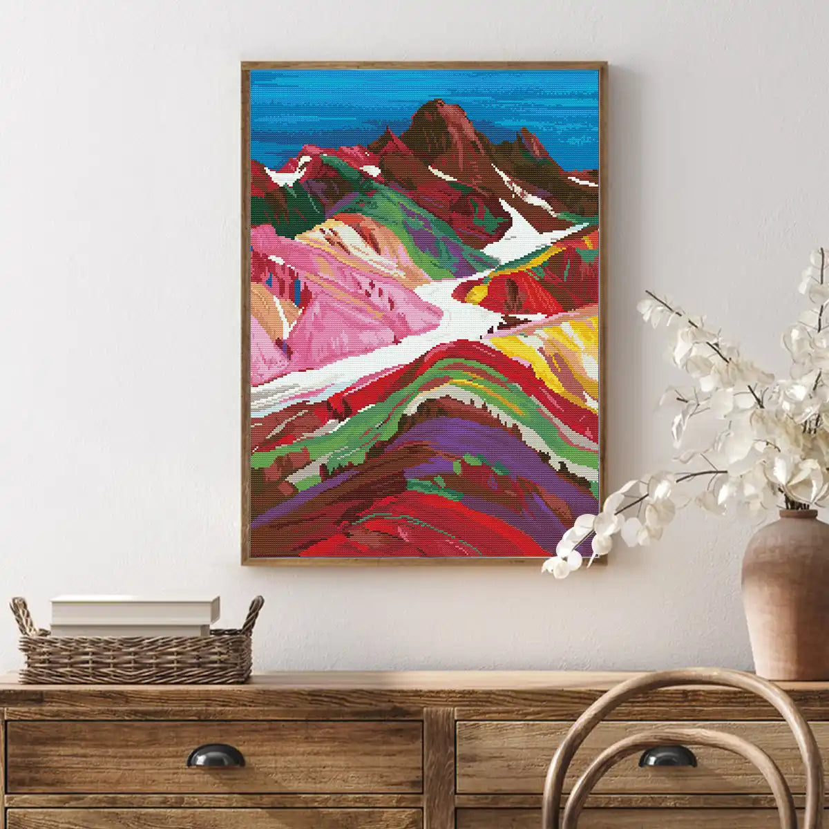 Rainbow Peaks of Peru diamond painting displayed on wall, adding colorful Andean vibes to home decor – FEELOOK Art