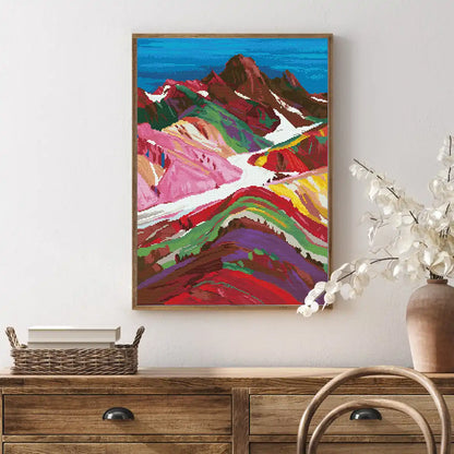 Rainbow Peaks of Peru diamond painting displayed on wall, adding colorful Andean vibes to home decor – FEELOOK Art