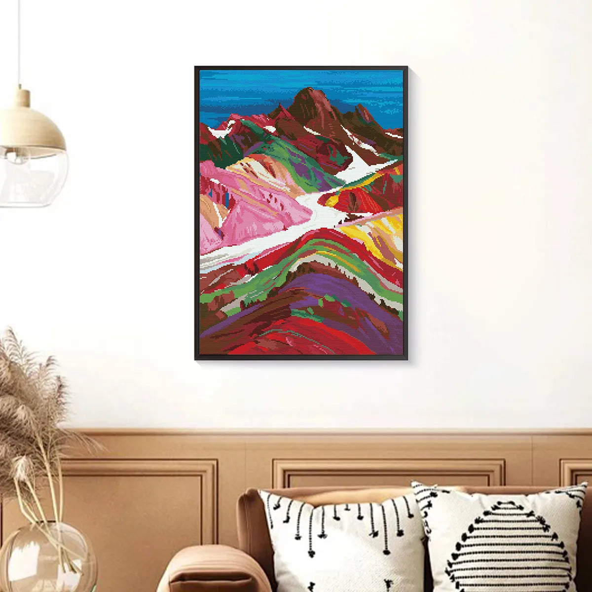 Vibrant Rainbow Peaks of Peru diamond art brightening up a modern room with its striking colors – FEELOOK Art