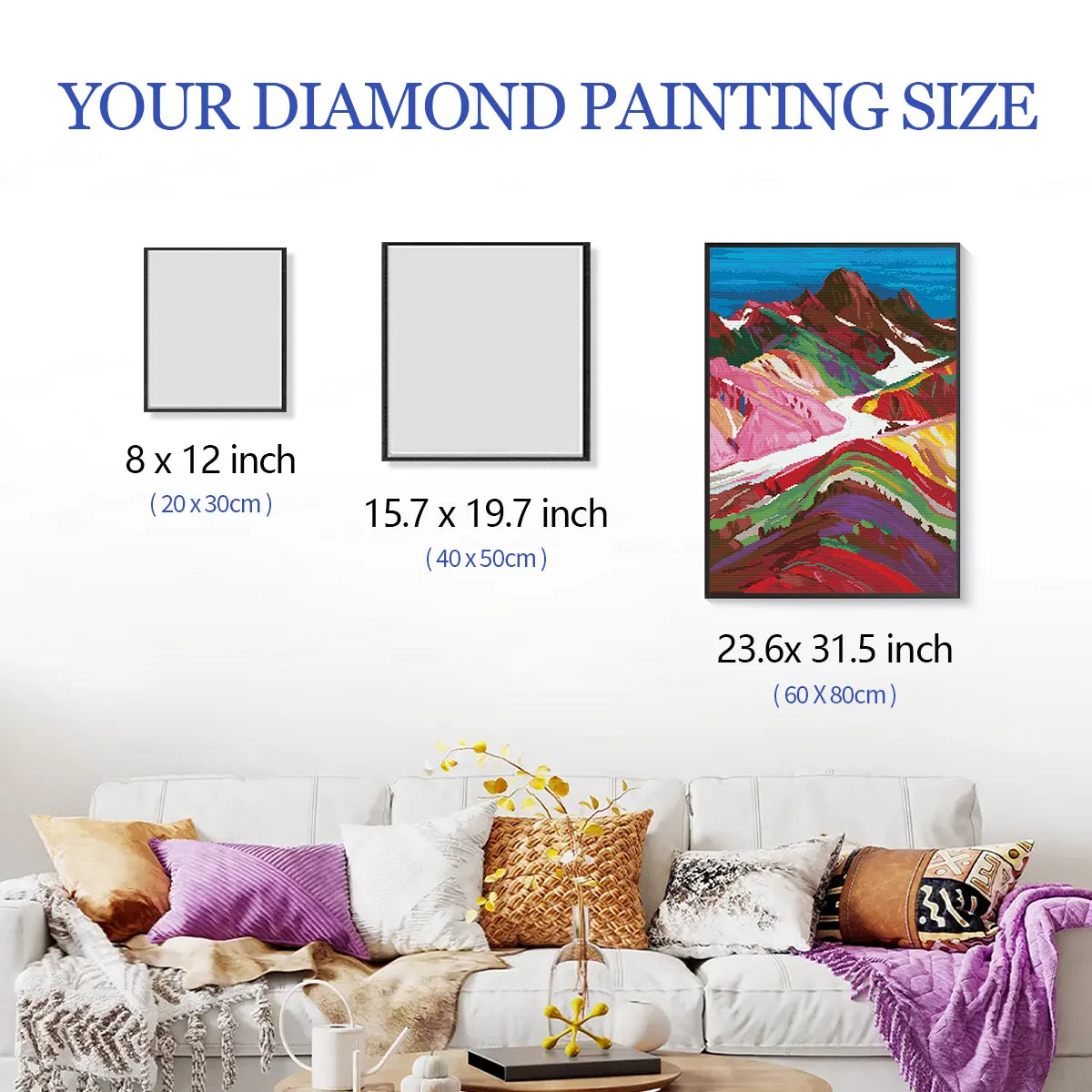 Rainbow Peaks of Peru diamond painting framed and hung on the wall with size markings, shown with a sofa and other framed artworks for visual size comparison – FEELOOK Art