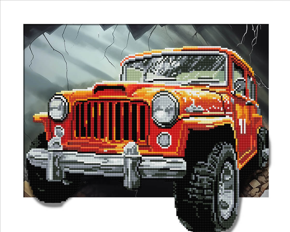 Rendered view of Red Car diamond painting with bold red colors and shiny details.