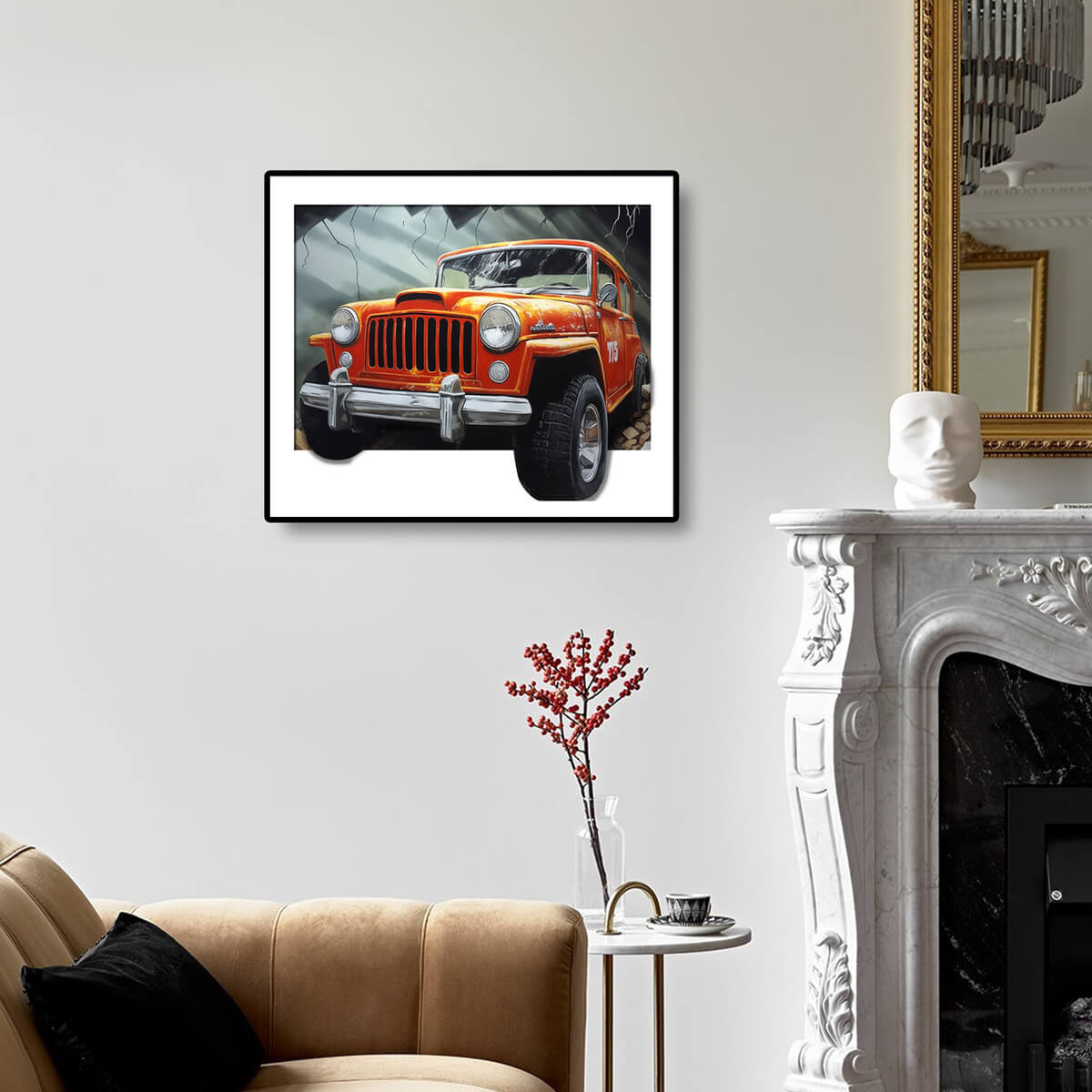 Red Car diamond painting displayed on the wall, perfect for car enthusiasts and modern home decor.
