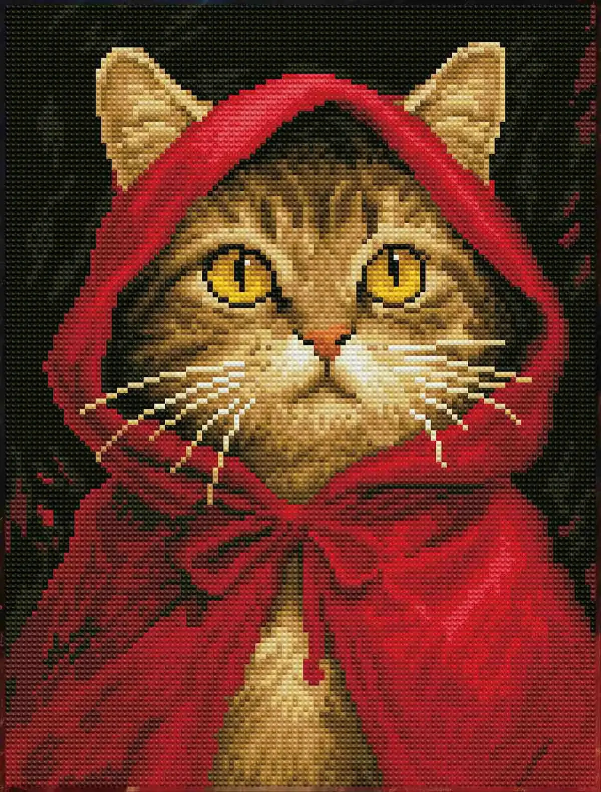 Finished Red Meow-Hood diamond art with sparkling details on the kitten’s hood and cape – FEELOOK Art