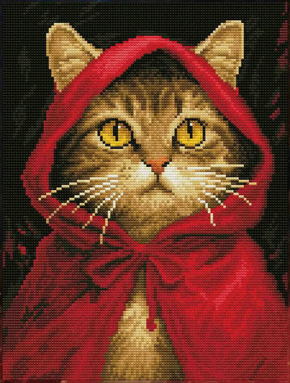 Finished Red Meow-Hood diamond art with sparkling details on the kitten’s hood and cape – FEELOOK Art