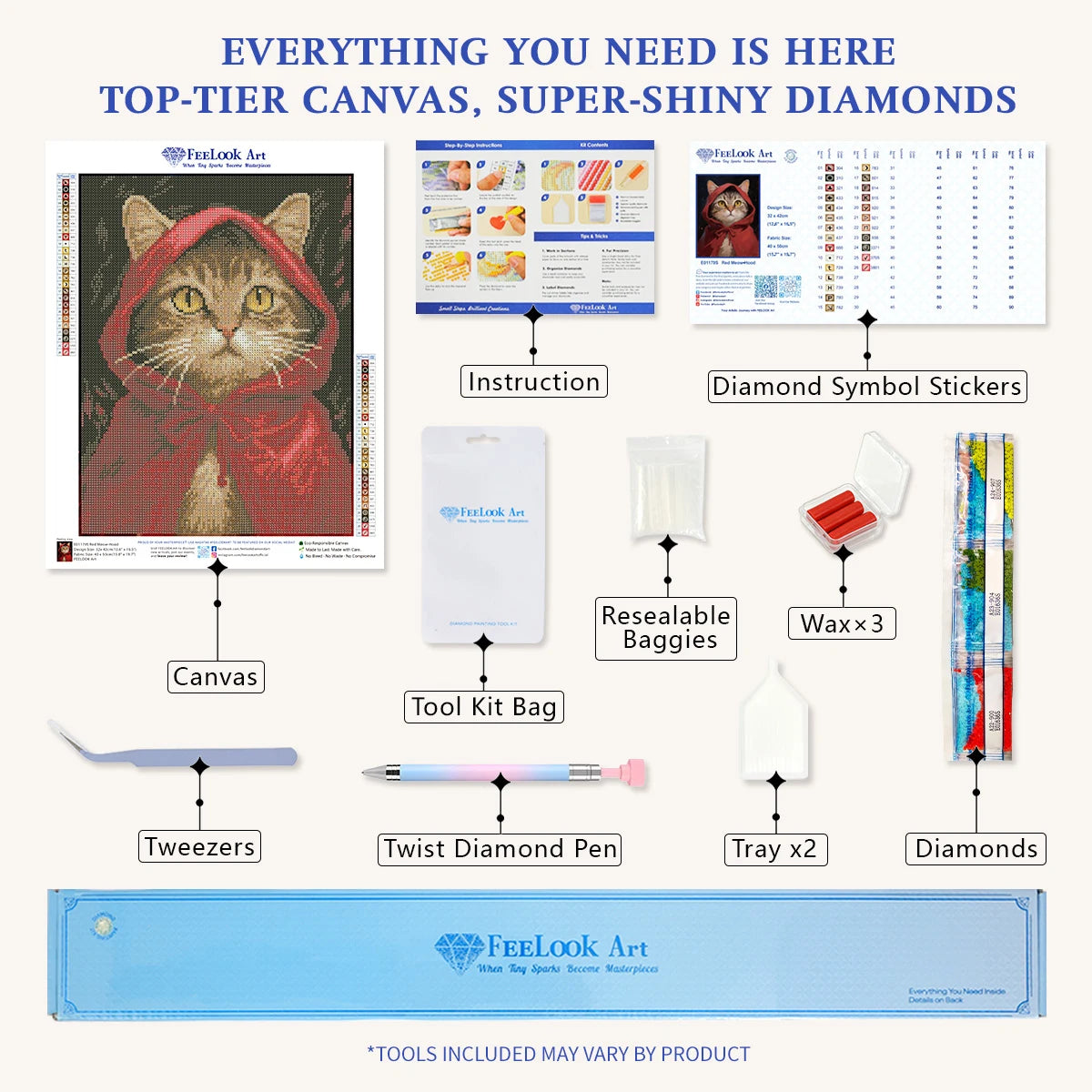Diamond painting kit for Red Meow-Hood including applicator pen, tray, wax, and shining diamonds – FEELOOK Art
