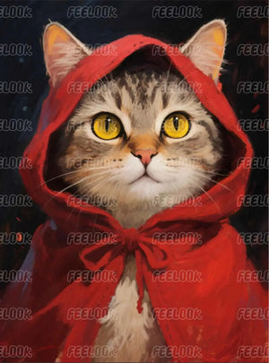 Red Meow-Hood diamond painting featuring an orange kitten in a red hooded cape, exuding cuteness and charm – FEELOOK Art