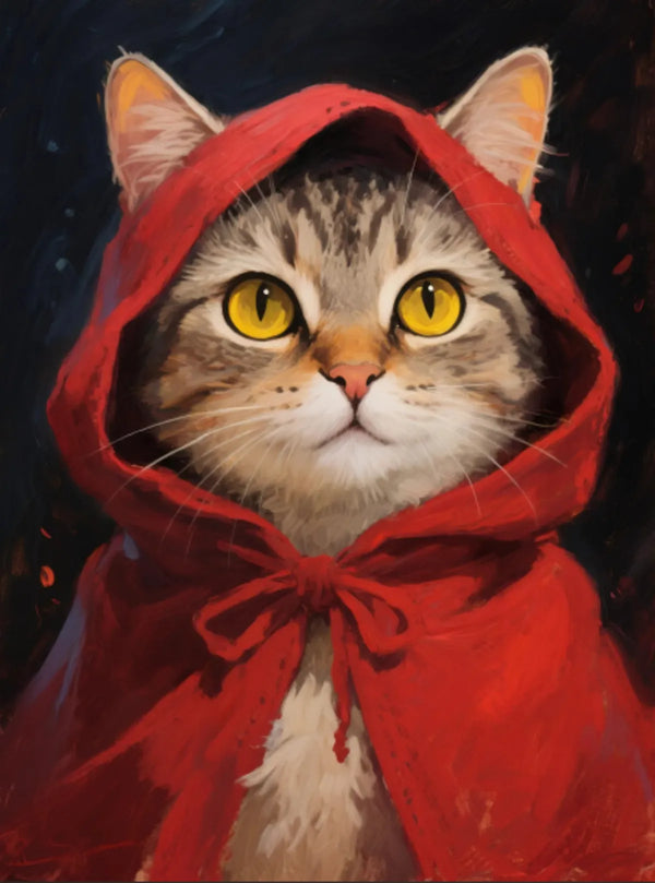 Red Meow-Hood diamond painting featuring an orange kitten wearing a vivid red hooded cape - FEELOOK Art