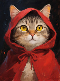 Red Meow-Hood diamond painting featuring an orange kitten in a red hooded cape, exuding cuteness and charm – FEELOOK Art
