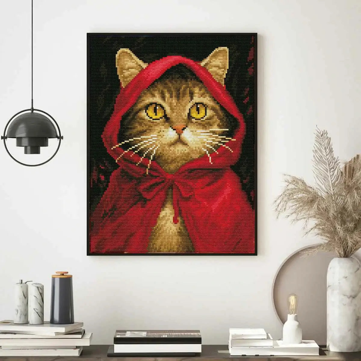 Red Meow-Hood diamond painting displayed in a playful home setting, adding warmth and whimsy – FEELOOK Art