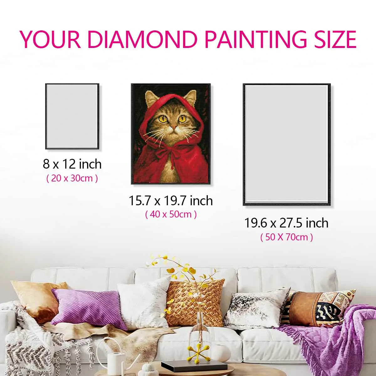 Size reference for Red Meow-Hood diamond painting with hand for scale – FEELOOK Art