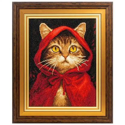 Cat-themed diamond art painting with a red hooded cloak and golden eyes, perfect for home decoration - FEELOOK Art