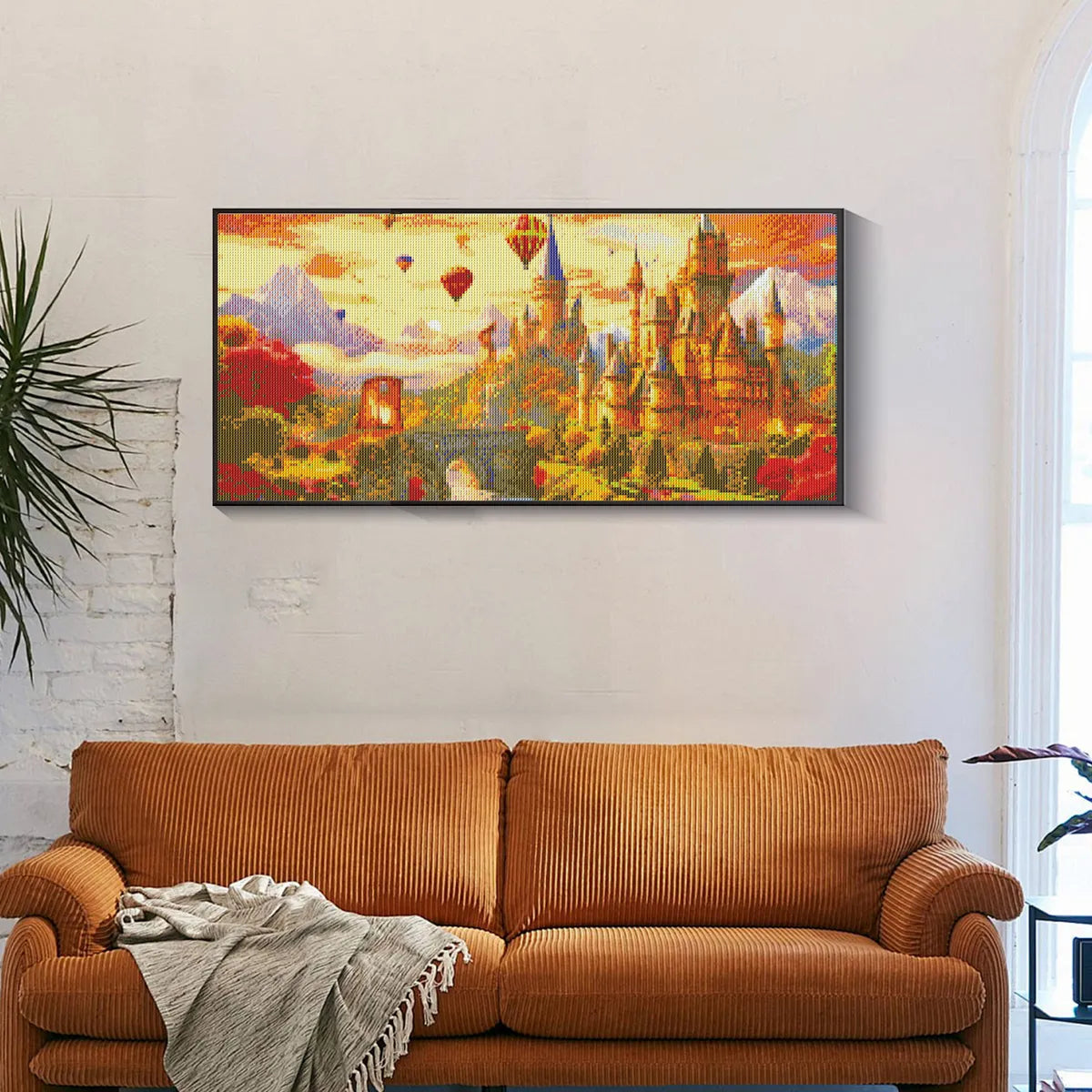 Romantic castle diamond art framed in cozy bedroom wall, ideal for creative hobby and relaxation.