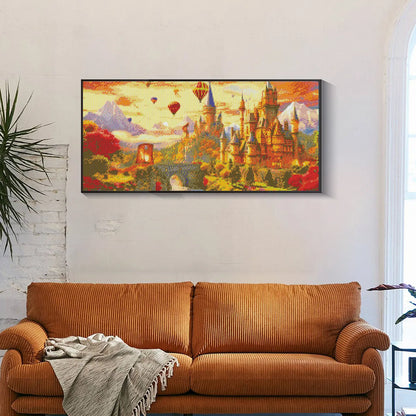 Romantic castle diamond art framed in cozy bedroom wall, ideal for creative hobby and relaxation.