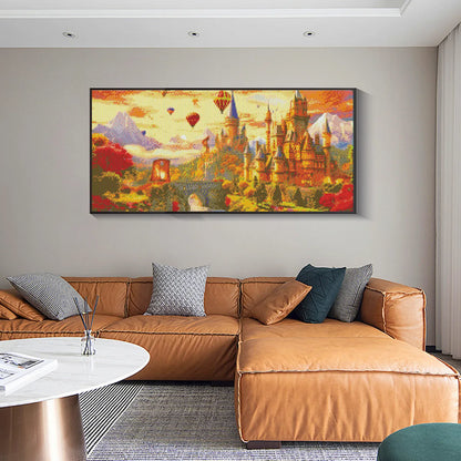 Dreamy castle diamond painting displayed in living room, highlighting unique diamond painting ideas.
