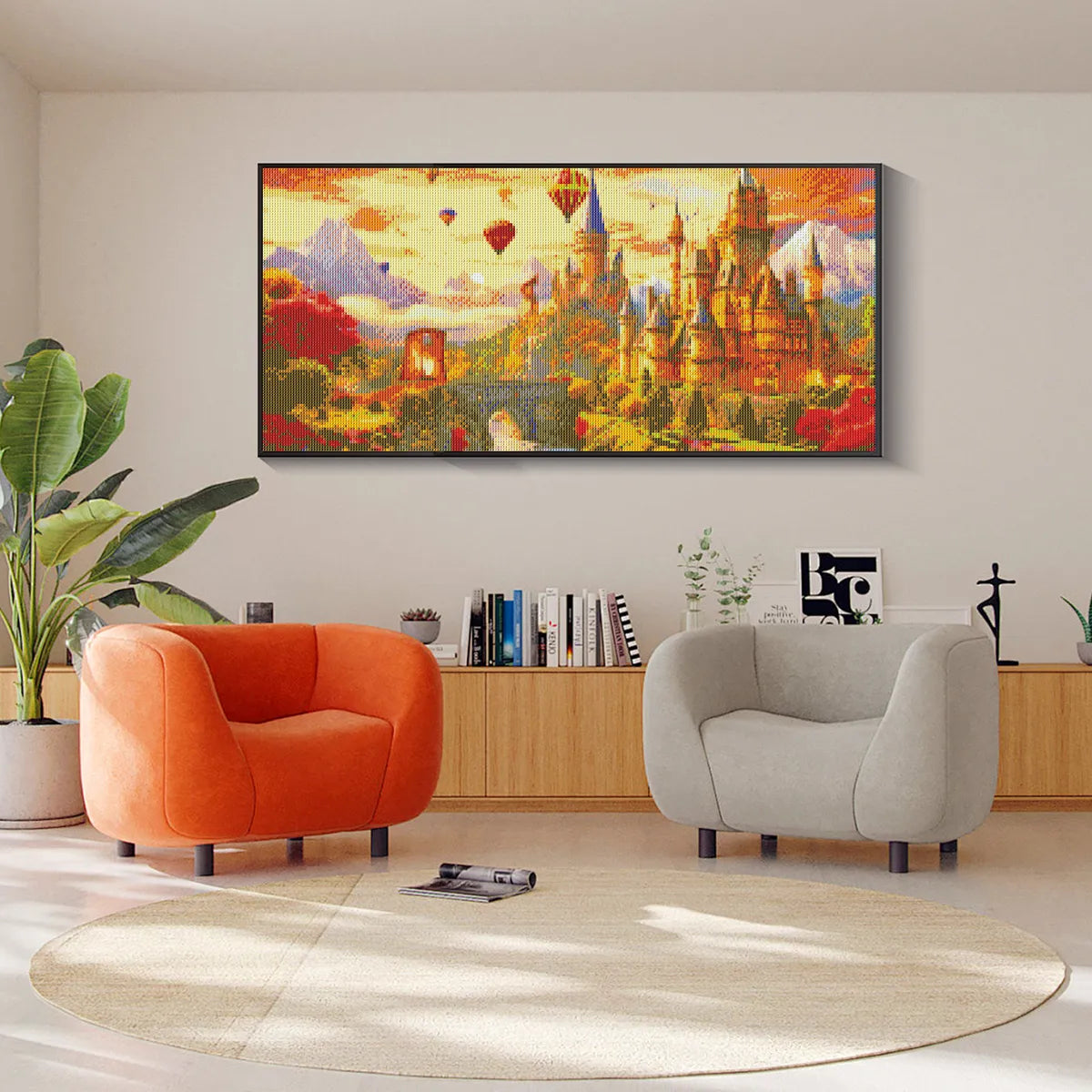 romantic castle diamond painting framed and styled with plants and books, peaceful and artistic atmosphere.