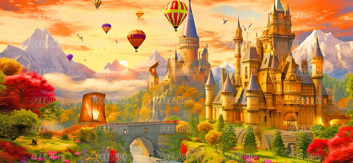 Romantic castle full drill diamond painting in dreamy landscape, beginner-friendly DIY diamond painting kit.