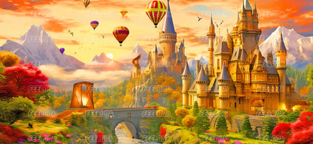 Romantic castle full drill diamond painting in dreamy landscape, beginner-friendly DIY diamond painting kit.
