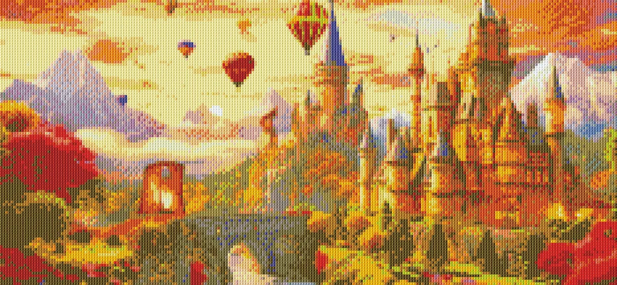 Completed castle diamond painting with soft pastel colors and full drill sparkle effect.