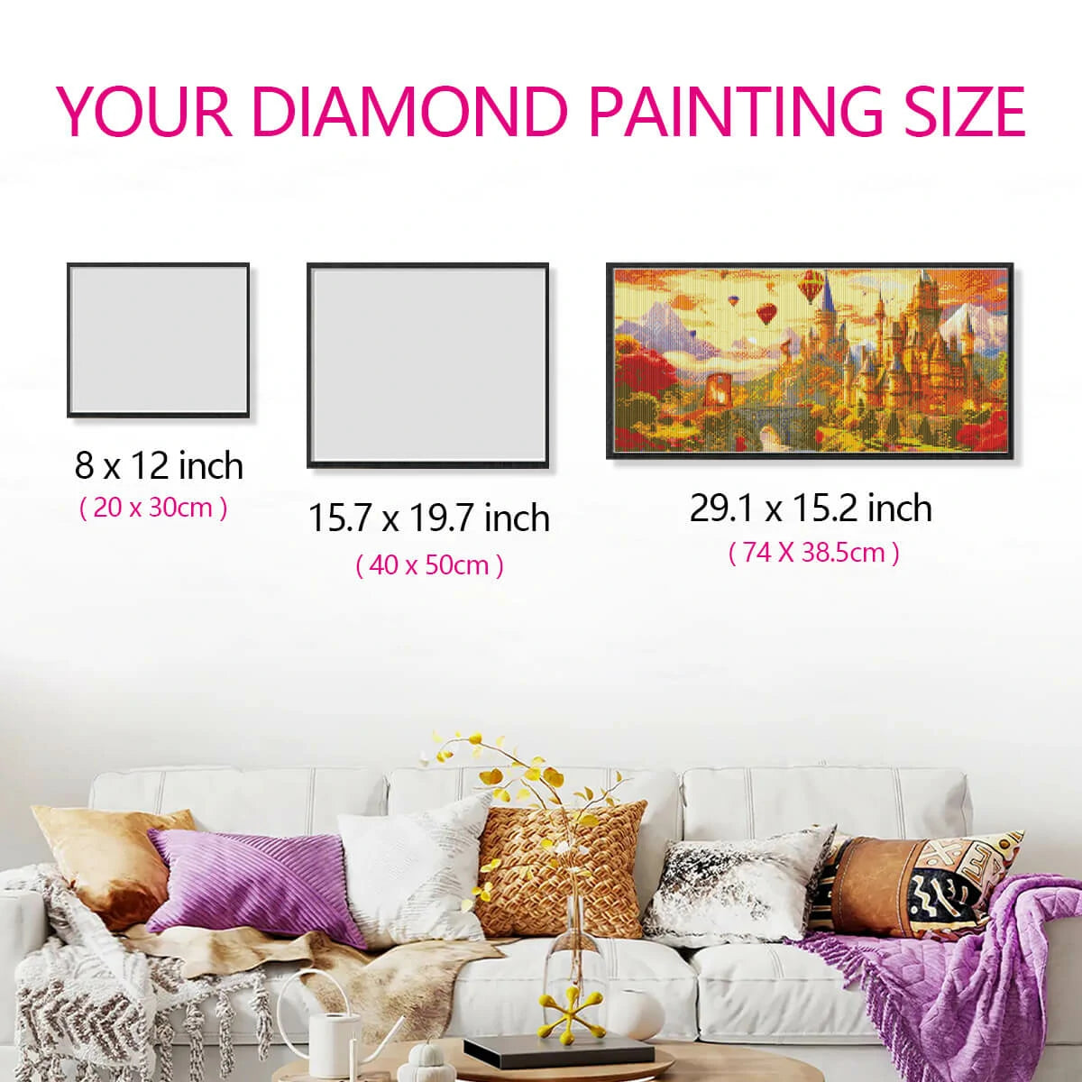 Size reference of Romantic Castle diamond painting canvas with hands, easy to start round drill kit.