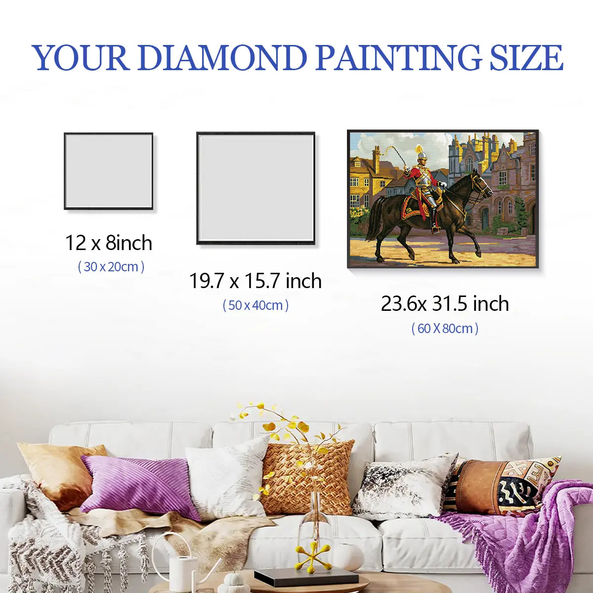 Royal Knight’s Oath diamond painting framed on a wall above a sofa, showcasing its size for easy comparison – FEELOOK Art