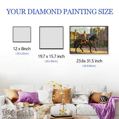 Royal Knight’s Oath diamond painting framed on a wall above a sofa, showcasing its size for easy comparison – FEELOOK Art