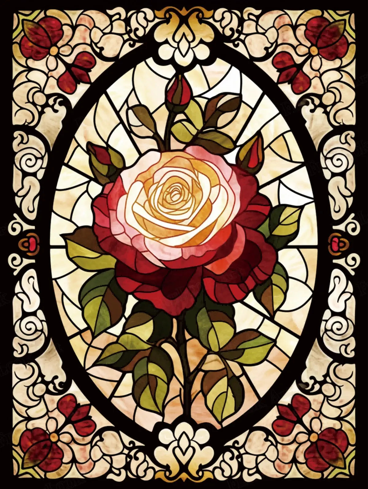Ruby Rose full drill 5D diamond painting kit with stained glass rose art and resin drills - FEELOOK Art