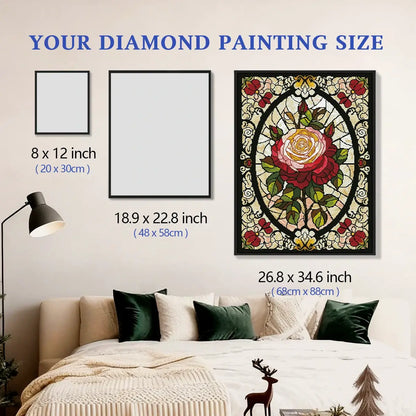 Ruby Rose 5D diamond painting size chart showing stained glass rose artwork scale for elegant wall decor - FEELOOK Art