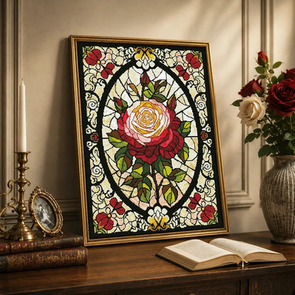 Ruby Rose diamond art kit styled in a gold frame with resin drills and jewel-like special accents - FEELOOK Art