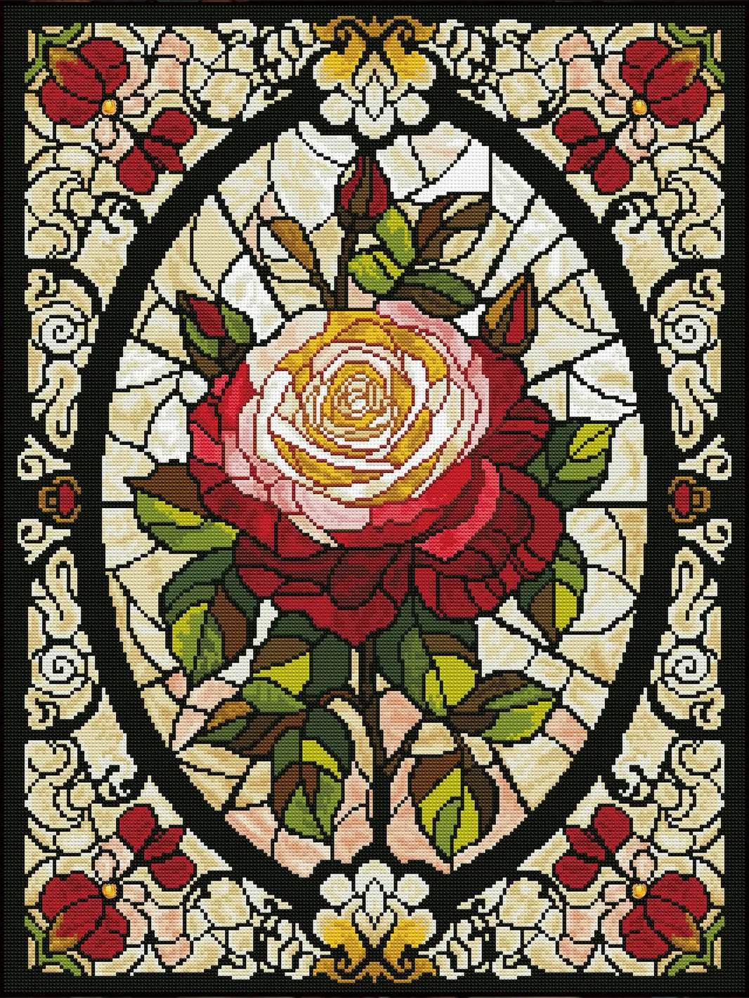 Finished Ruby Rose diamond painting with Fairy Dust Diamonds and Special Drills glowing on rose petals - FEELOOK Art