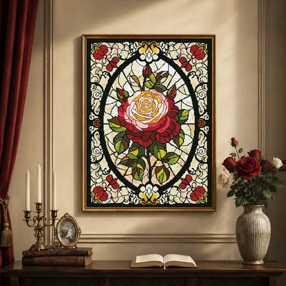 Ruby Rose diamond painting displayed as romantic stained glass rose wall decor in a vintage room - FEELOOK Art