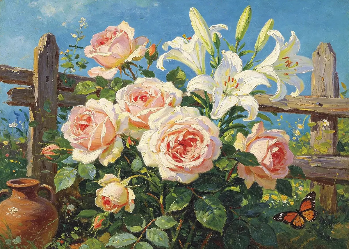Rustic Fence Bloom 5D diamond painting kit with cream roses, white lilies, wooden fence and butterfly - FEELOOK Art