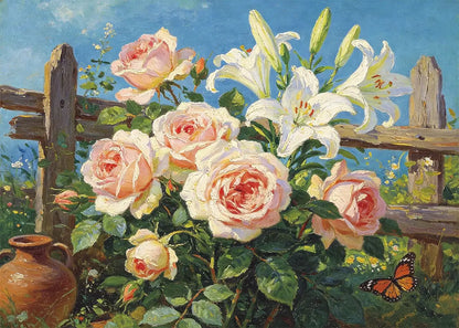 Rustic Fence Bloom 5D diamond painting kit with cream roses, white lilies, wooden fence and butterfly - FEELOOK Art