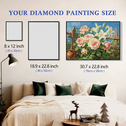 Rustic Fence Bloom 5D diamond painting size chart showing vintage garden floral artwork scale for wall decor - FEELOOK Art