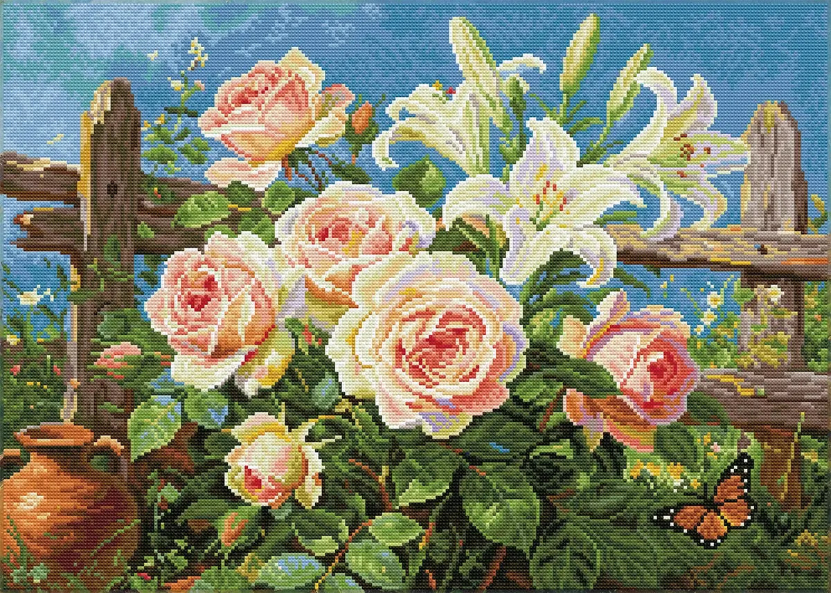 Finished Rustic Fence Bloom diamond art kit with Fairy Dust Diamonds sparkling across roses, lilies and garden details - FEELOOK Art