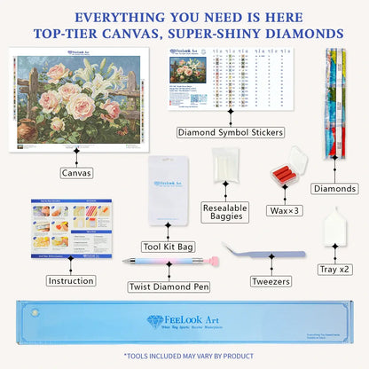 Rustic Fence Bloom diamond painting kit with printed canvas, resin drills, Fairy Dust Diamonds and DIY tools - FEELOOK Art