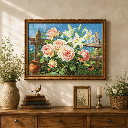 Rustic Fence Bloom diamond painting kit displayed as soft countryside floral wall decor with roses and lilies - FEELOOK Art