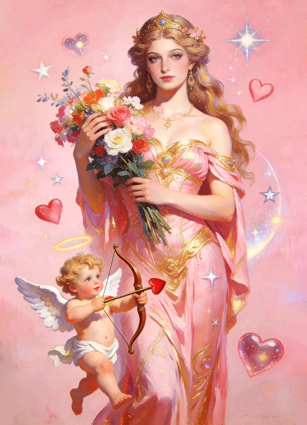 Sacred Desire diamond painting artwork featuring a romantic goddess holding flowers with Cupid and heart motifs on a pink background - FEELOOK Art