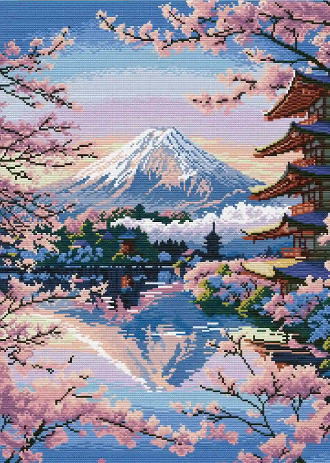 Finished Sakura Dreams of Fuji diamond art showing sparkling Mount Fuji and pink cherry blossoms in spring glow – FEELOOK Art