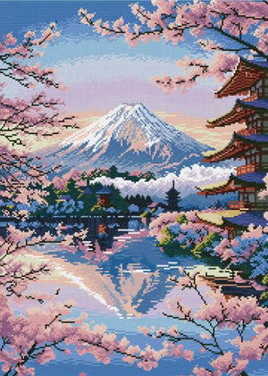 Finished Sakura Dreams of Fuji diamond art showing sparkling Mount Fuji and pink cherry blossoms in spring glow – FEELOOK Art