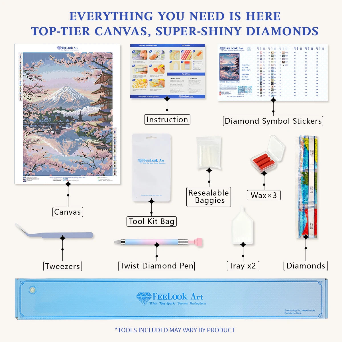 Diamond painting kit contents for Sakura Dreams of Fuji including pen, tray, wax, and colorful resin drills – FEELOOK Art