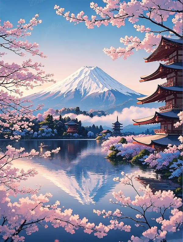 Sakura Dreams of Fuji diamond painting showing Mount Fuji, pink cherry blossoms, and a quiet lake - FEELOOK Art