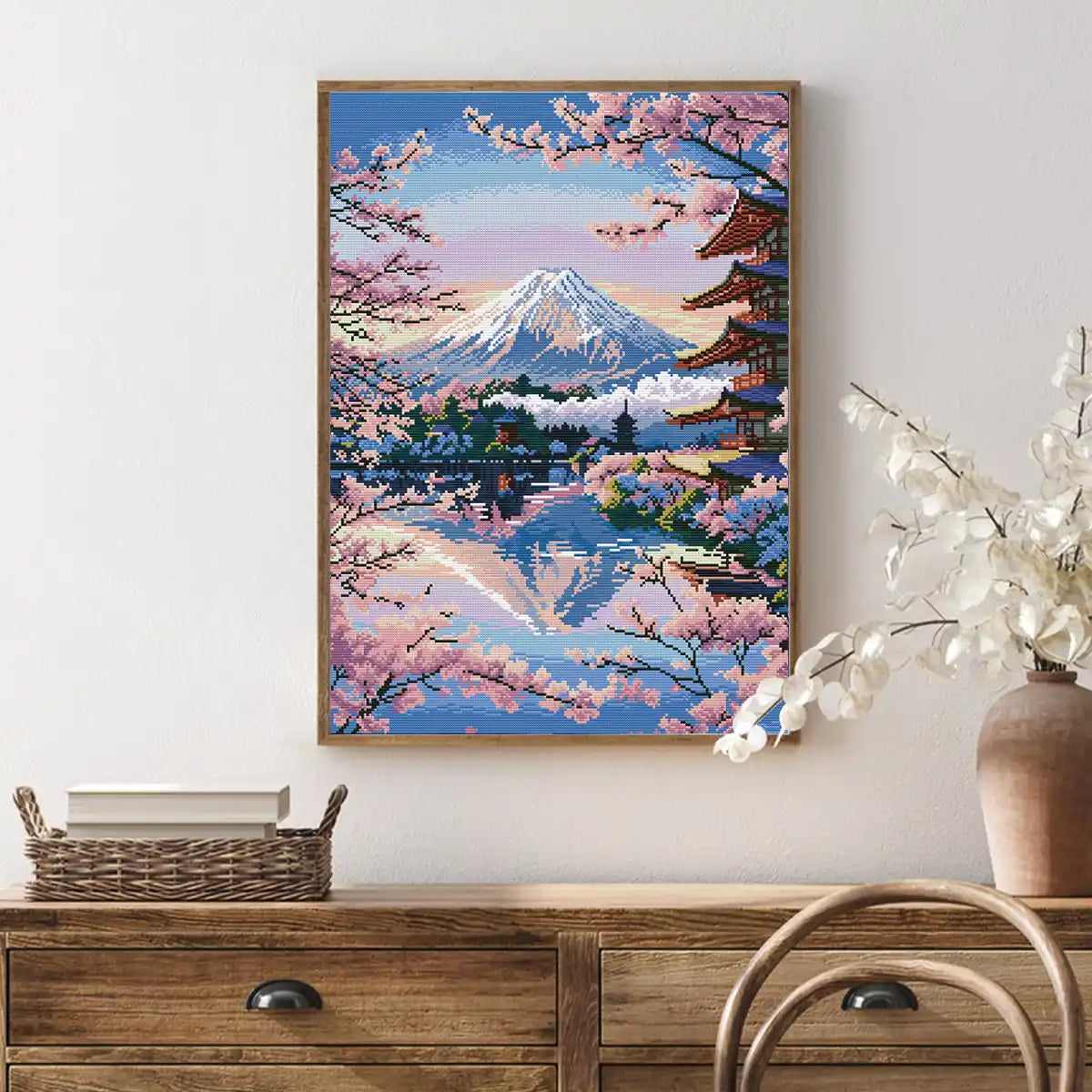Sakura Dreams of Fuji diamond art displayed in a bright modern living room, bringing serene Japanese spring charm – FEELOOK Art