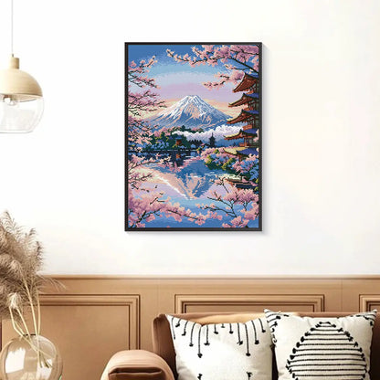 Sakura Dreams of Fuji diamond painting adding elegance and calmness to home décor with pink blossom scenery – FEELOOK Art